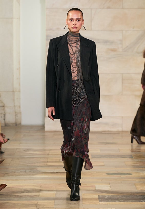 A look from Ralph Lauren’s Fall 2025 runway show shown on model.