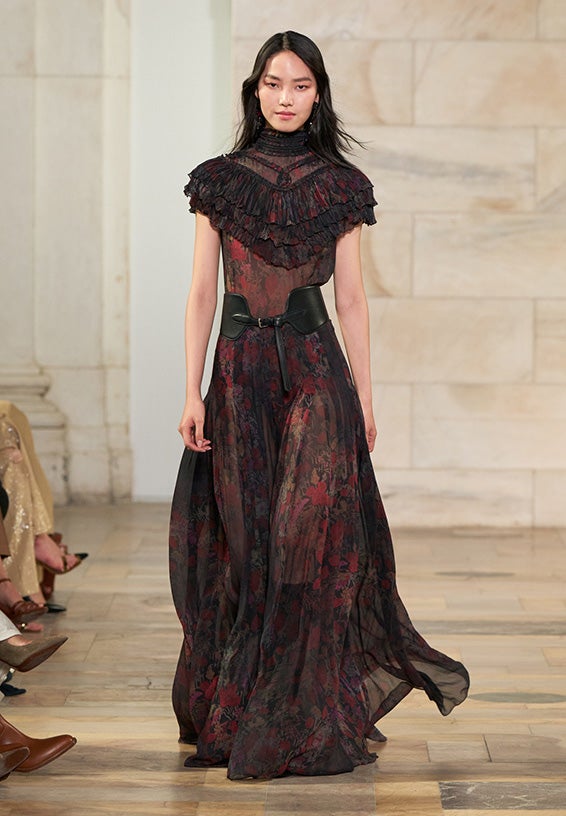 A look from Ralph Lauren’s Fall 2025 runway show shown on model.