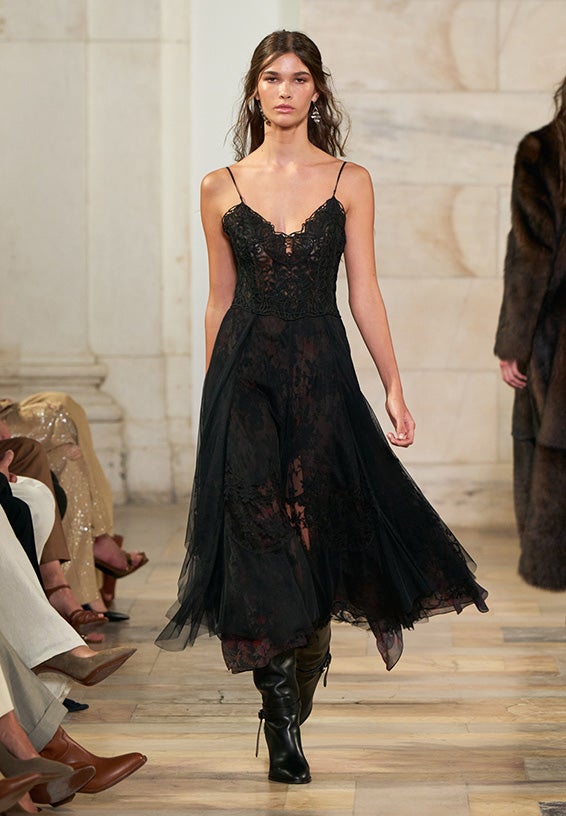 A look from Ralph Lauren’s Fall 2025 runway show shown on model.