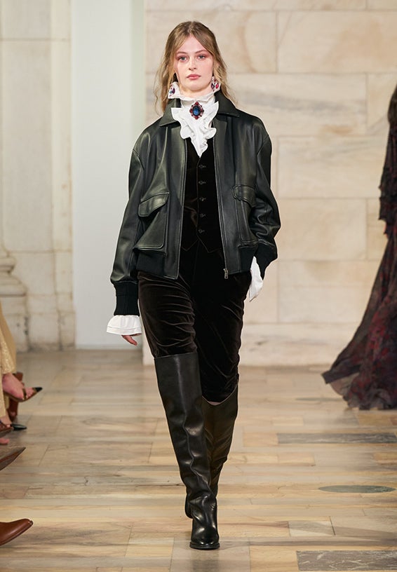 A look from Ralph Lauren’s Fall 2025 runway show shown on model.