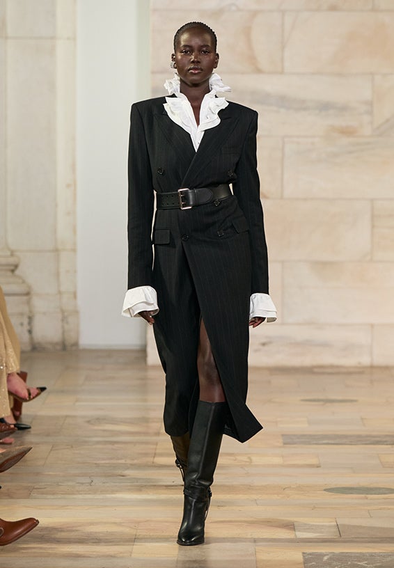 A look from Ralph Lauren’s Fall 2025 runway show shown on model.