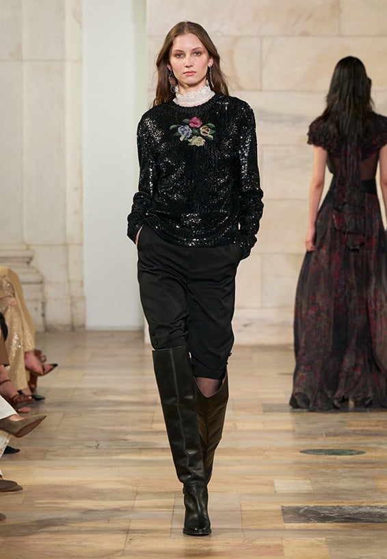 A look from Ralph Lauren’s Fall 2025 runway show shown on model.