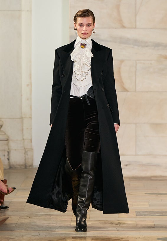 A look from Ralph Lauren’s Fall 2025 runway show shown on model.