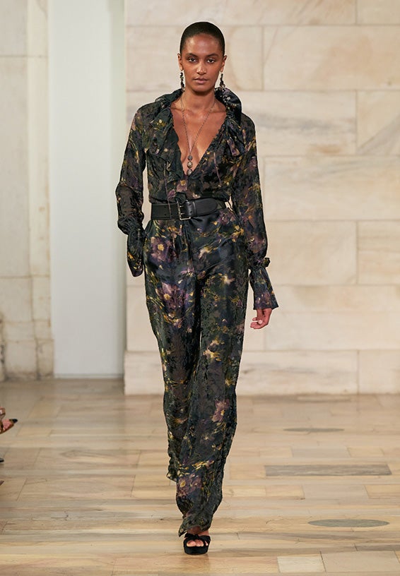 A look from Ralph Lauren’s Fall 2025 runway show shown on model.