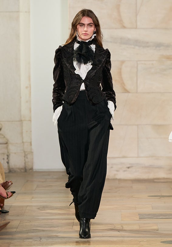 A look from Ralph Lauren’s Fall 2025 runway show shown on model.