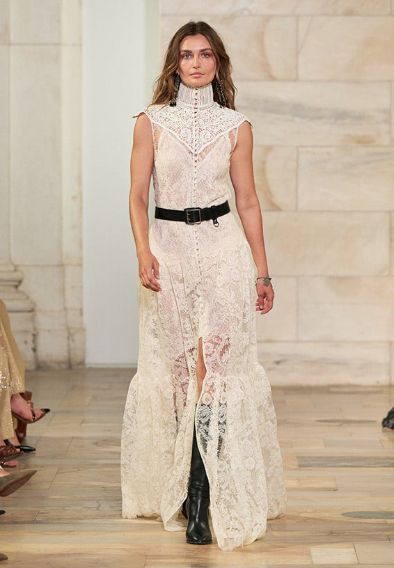 A look from Ralph Lauren’s Fall 2025 runway show shown on model.