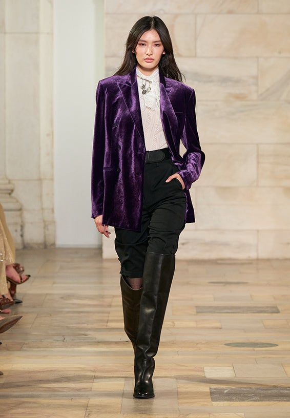 A look from Ralph Lauren’s Fall 2025 runway show shown on model.