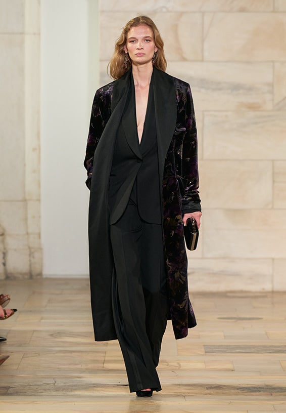 A look from Ralph Lauren’s Fall 2025 runway show shown on model.