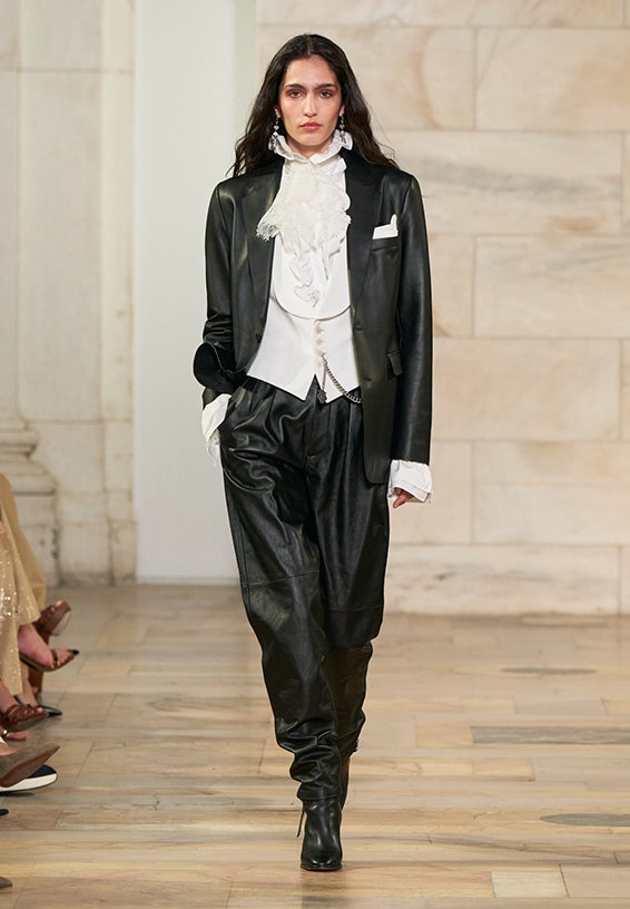 A look from Ralph Lauren’s Fall 2025 runway show shown on model.