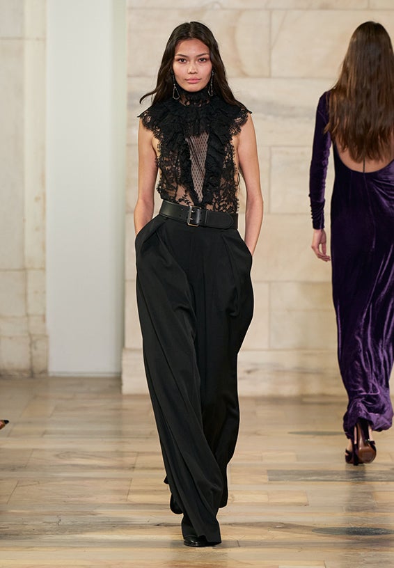 A look from Ralph Lauren’s Fall 2025 runway show shown on model.
