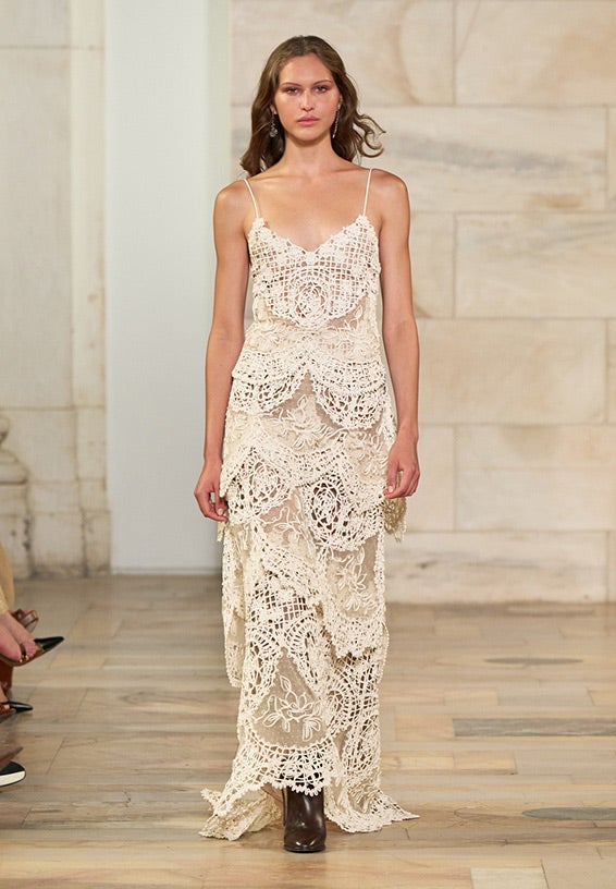 A look from Ralph Lauren’s Fall 2025 runway show shown on model.