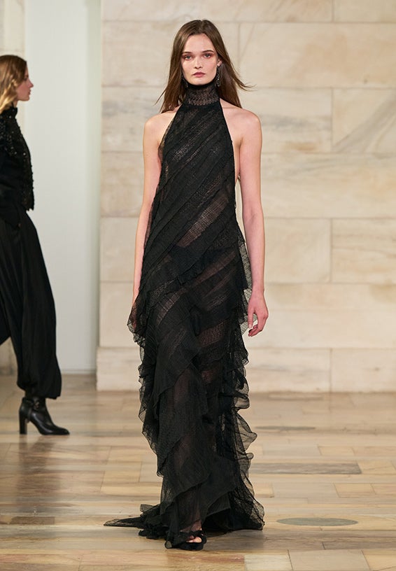 A look from Ralph Lauren’s Fall 2025 runway show shown on model.
