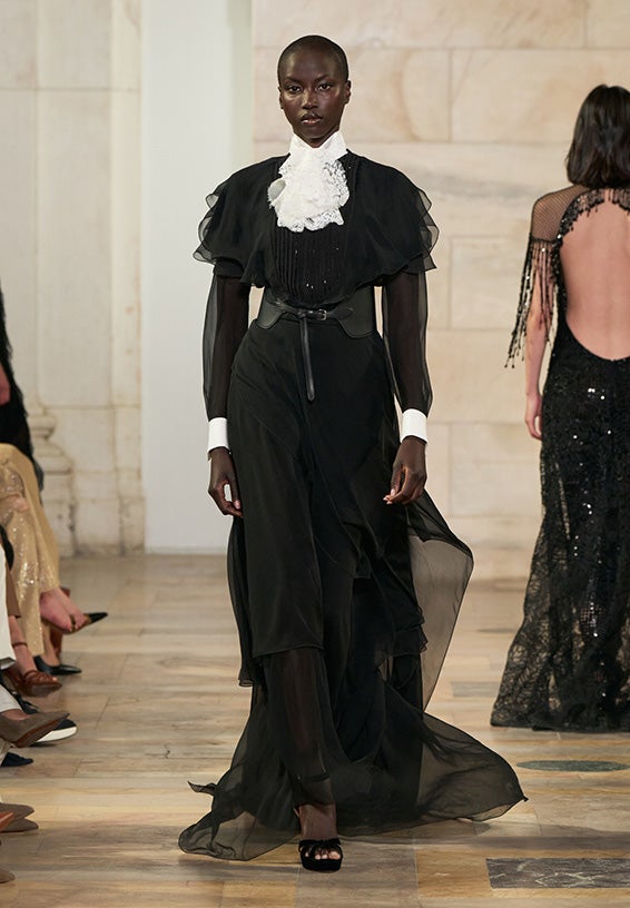 A look from Ralph Lauren’s Fall 2025 runway show shown on model.