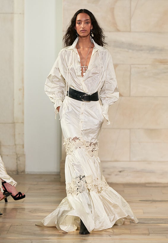 A look from Ralph Lauren’s Fall 2025 runway show shown on model.