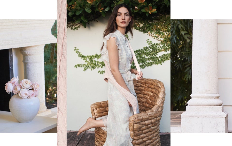 Woman wears pastel floral maxidress.