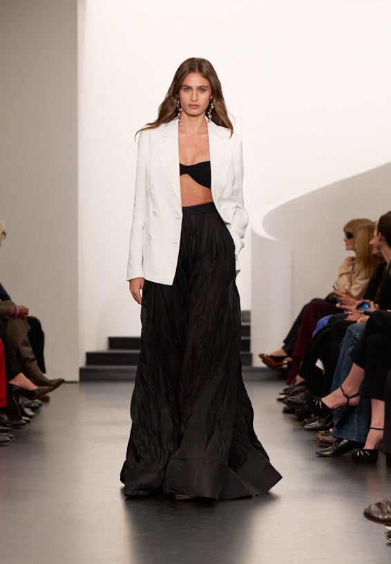 A look from Ralph Lauren’s Fall 2025 runway show shown on model.