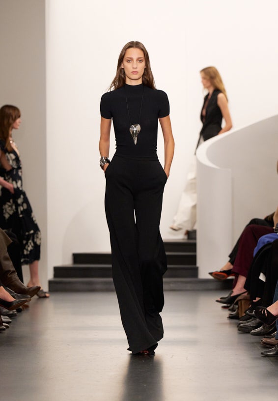 A look from Ralph Lauren’s Fall 2025 runway show shown on model.