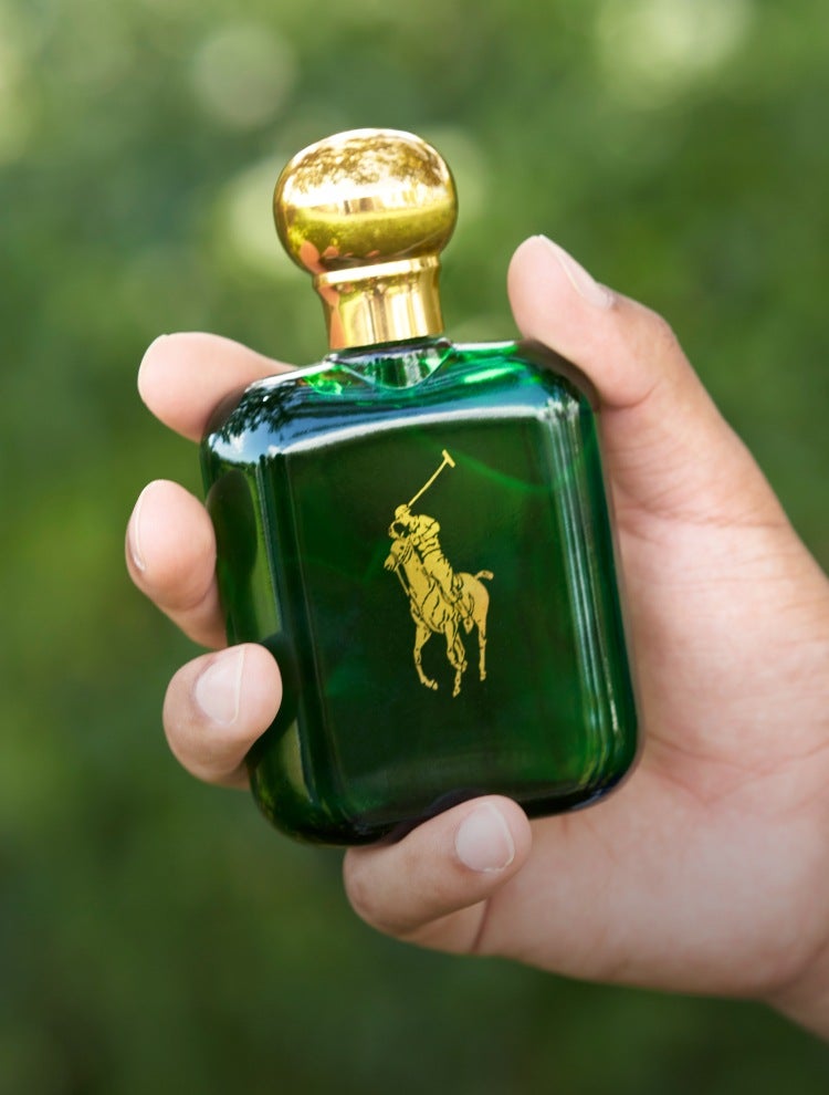Green fragrance bottle with silver Polo Pony at front.