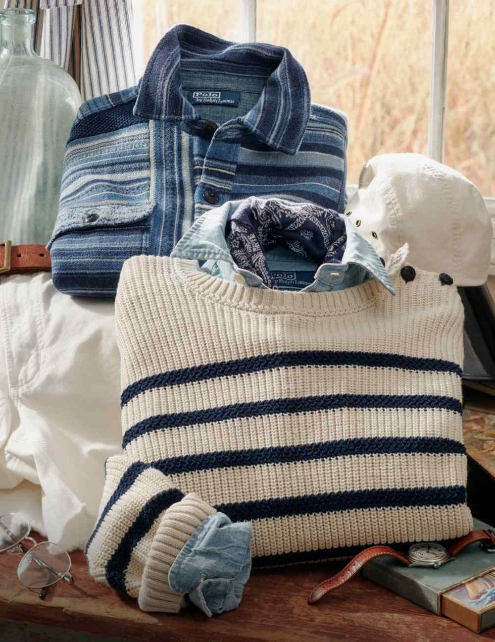 Folded navy-and-white striped sweater and indigo-stripe button-down.