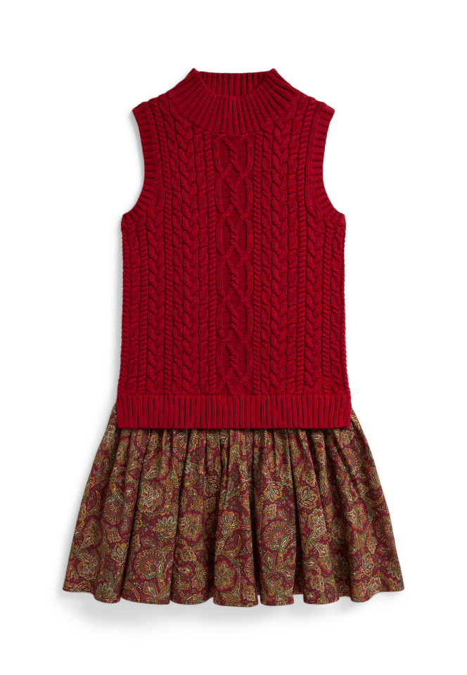 Twill-Skirt Aran-Knit Cotton Dress