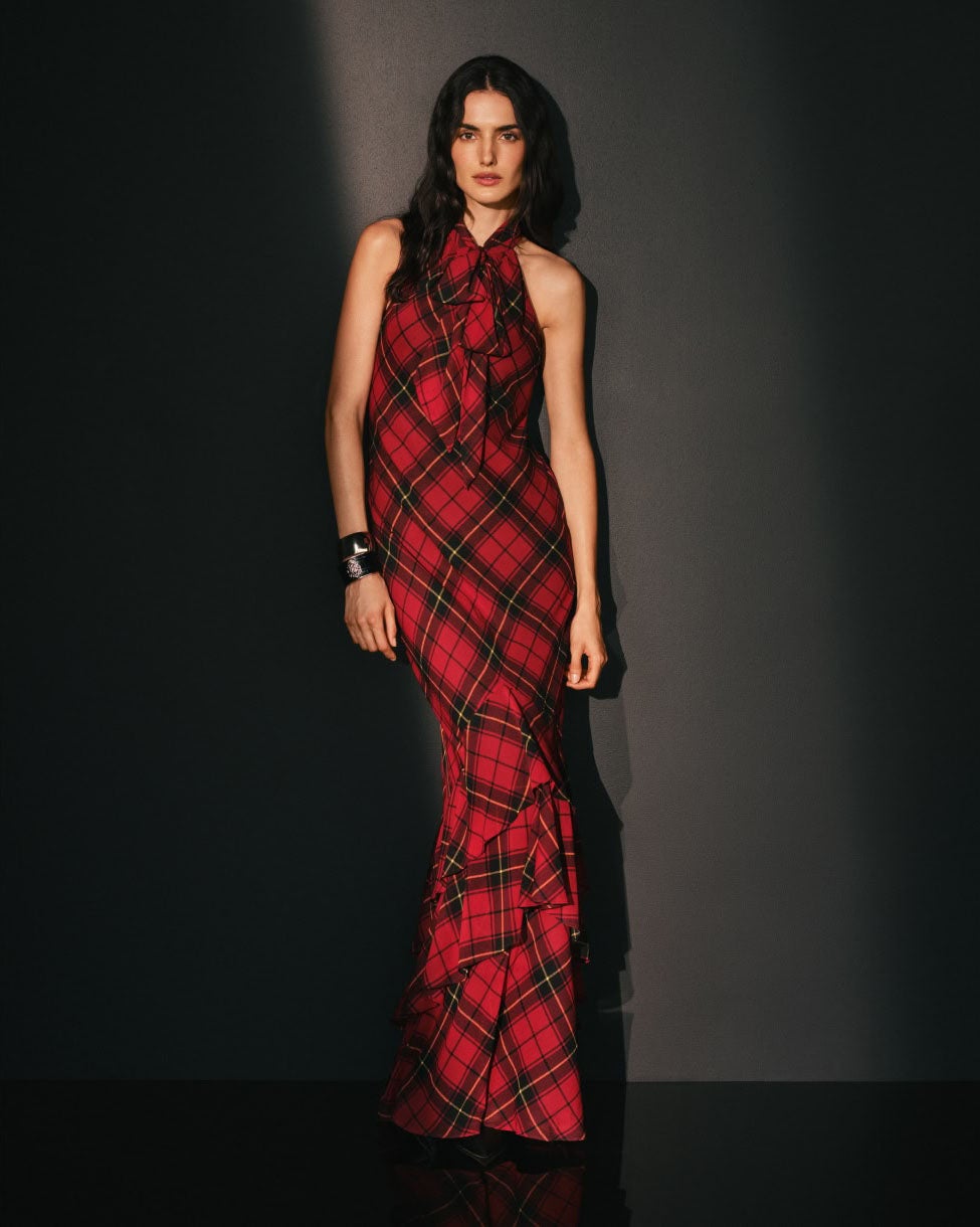 Plaid Georgette Tiered Tie-Neck Gown