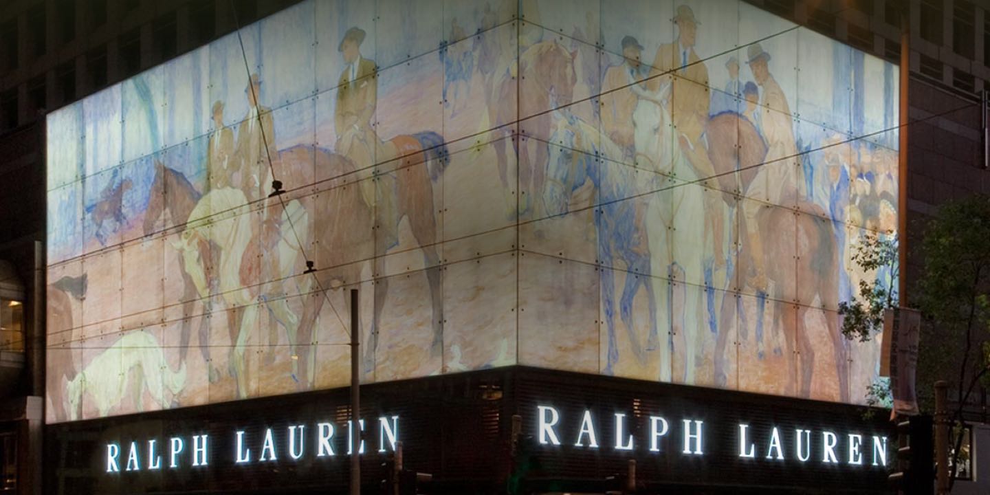 Store façade featuring mural of Bridle Path at Hyde Park painting 