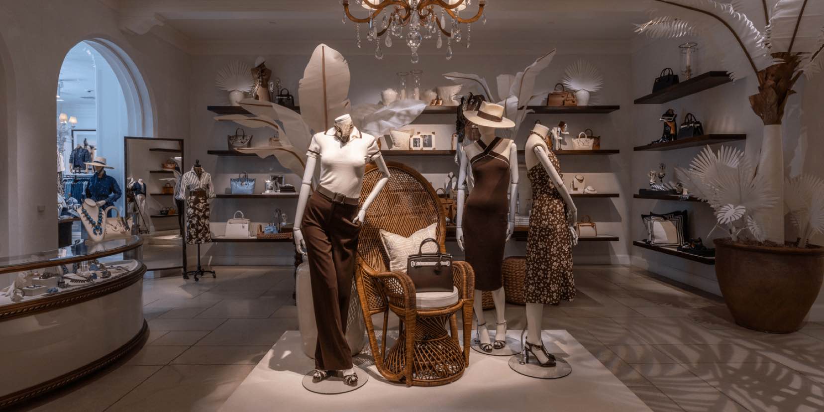 Brown and white Ralph Lauren apparel inside store.