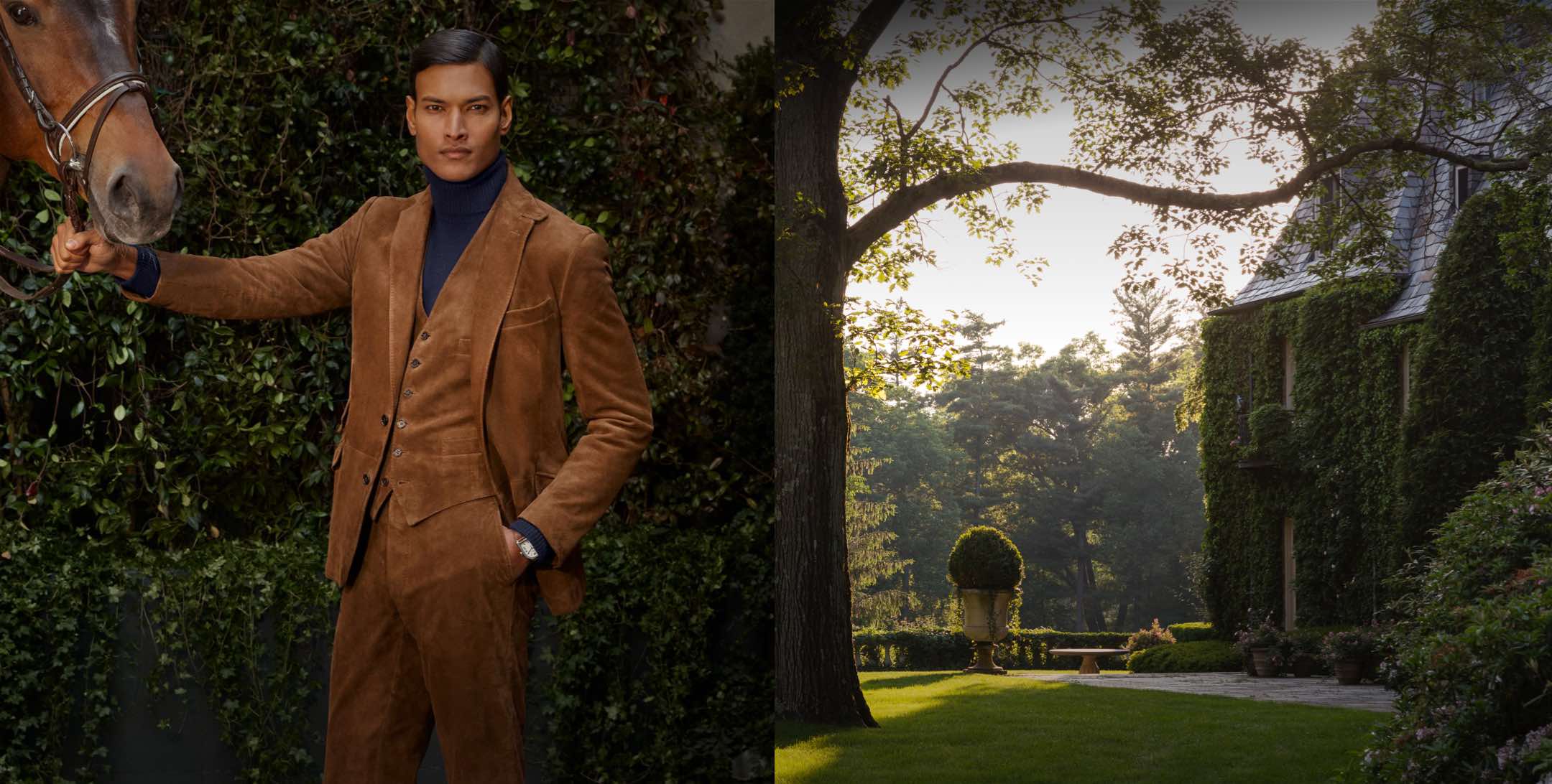 Man wears brown suede three-piece suit. Lawn and trees next to ivy-covered estate.