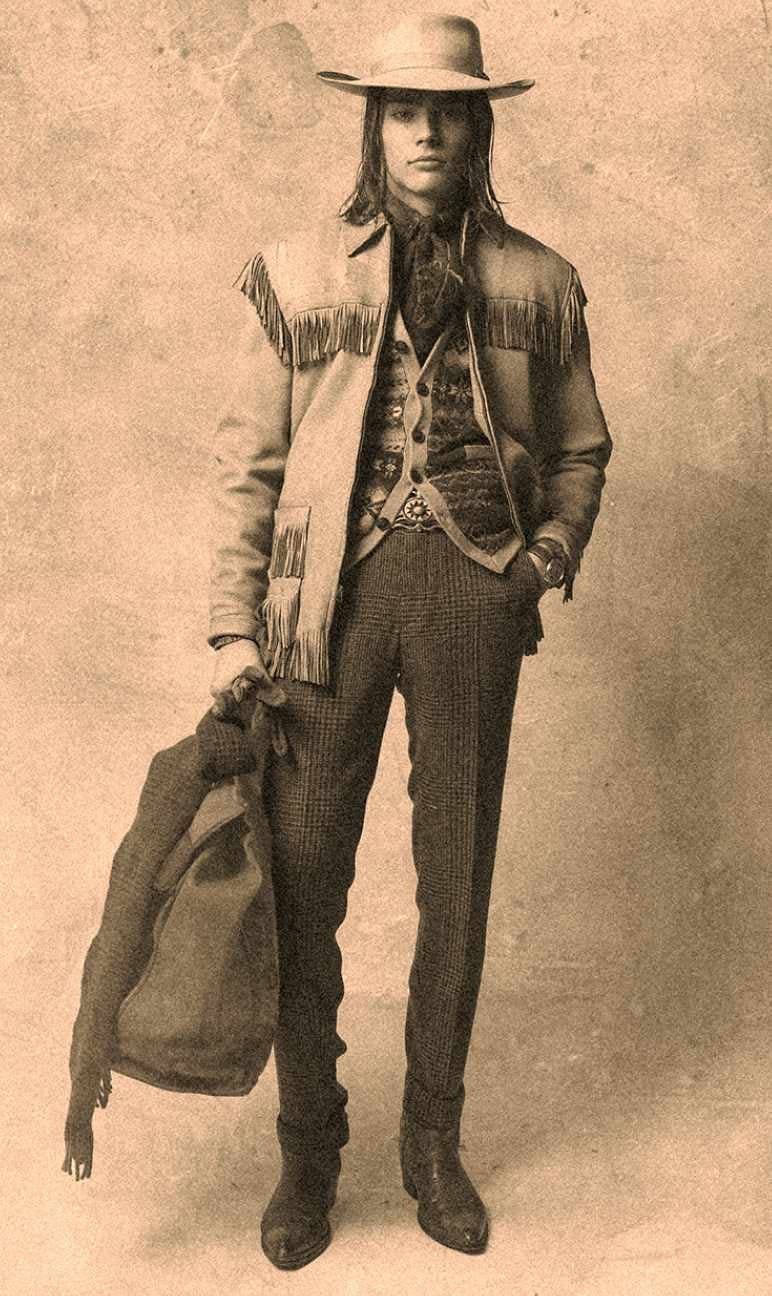 Man wears Western-inspired fall Polo outfit.