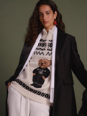 Navy sweater with Polo Bear at front.