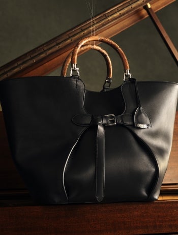 Brown leather tote bag.
