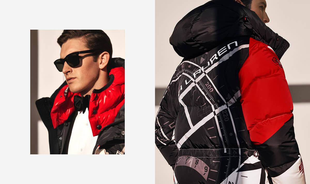 Man in black, red & white parka with ski-inspired graphics