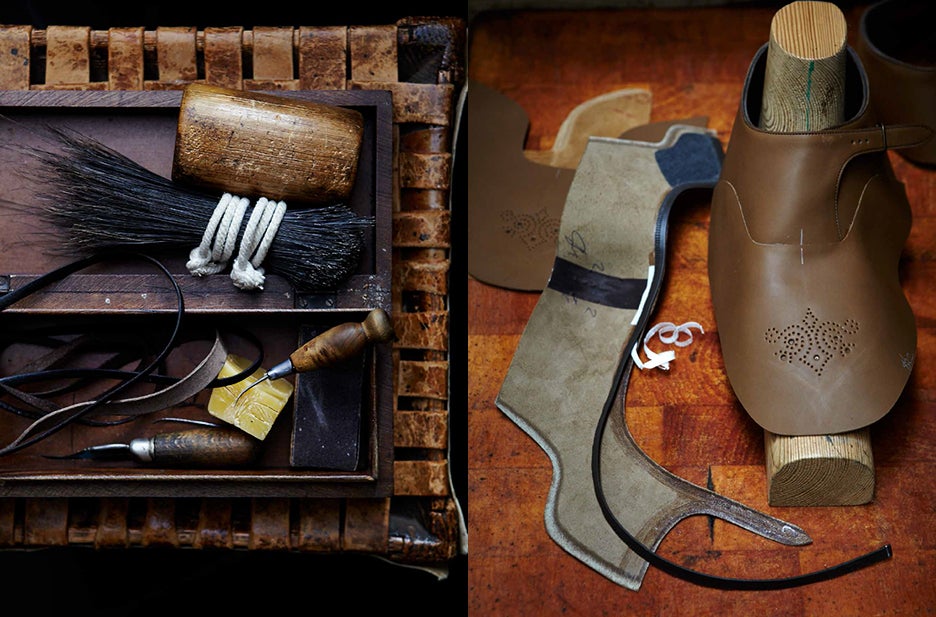 At left, t<span>he tools of the trade: boar’s bristles, awls and wax. At right, a<span> shoe in the midst of the closing process, where a shoe becomes three-dimensional. Next to it are the raw materials for its mate shoe, shown prior to closing.</span></span>