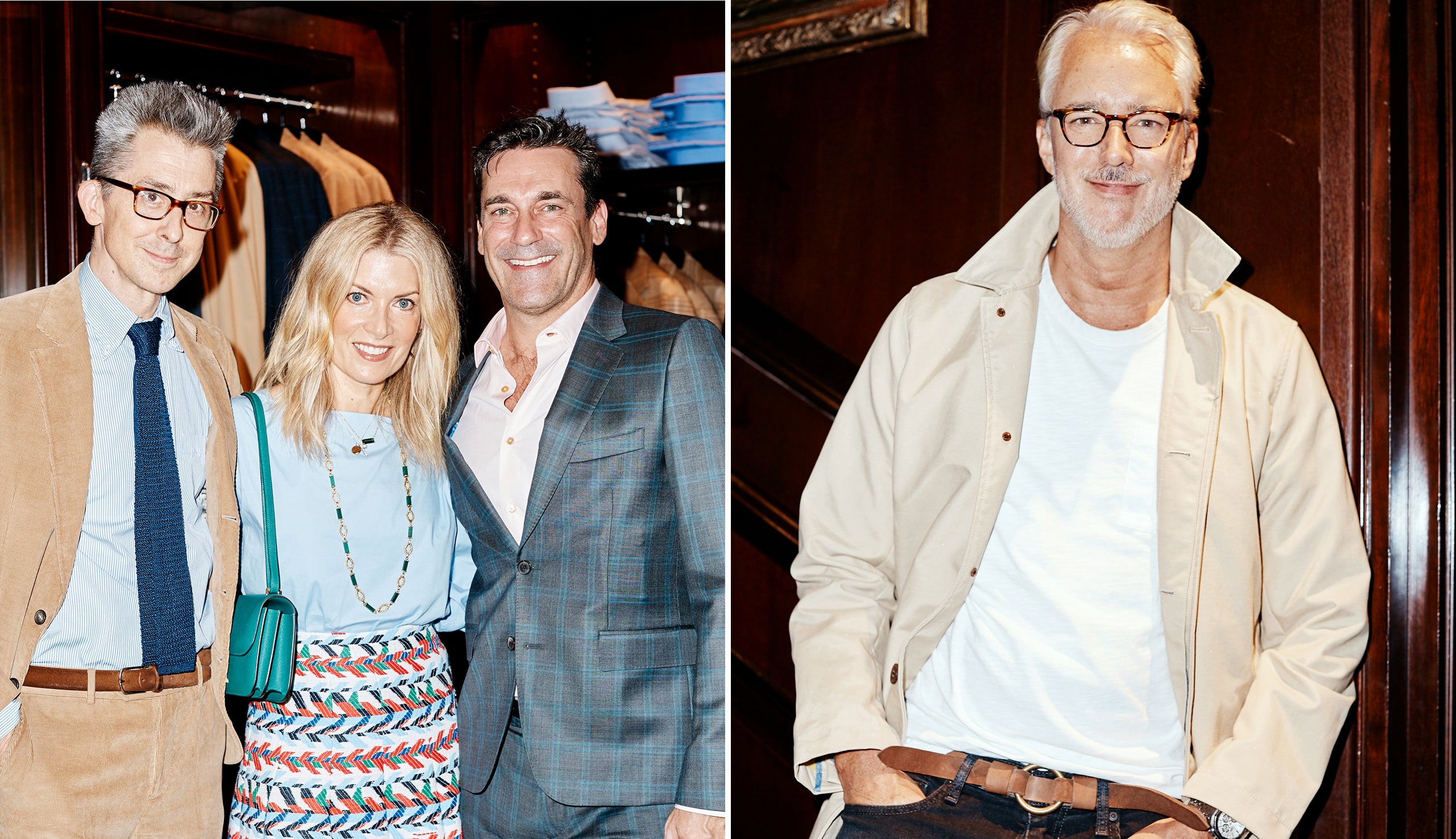 Former <em>GQ</em> deputy editor Michael Hainey, Brooke Cundiff, and Jon Hamm; designer and RL alumnus Michael Bastian