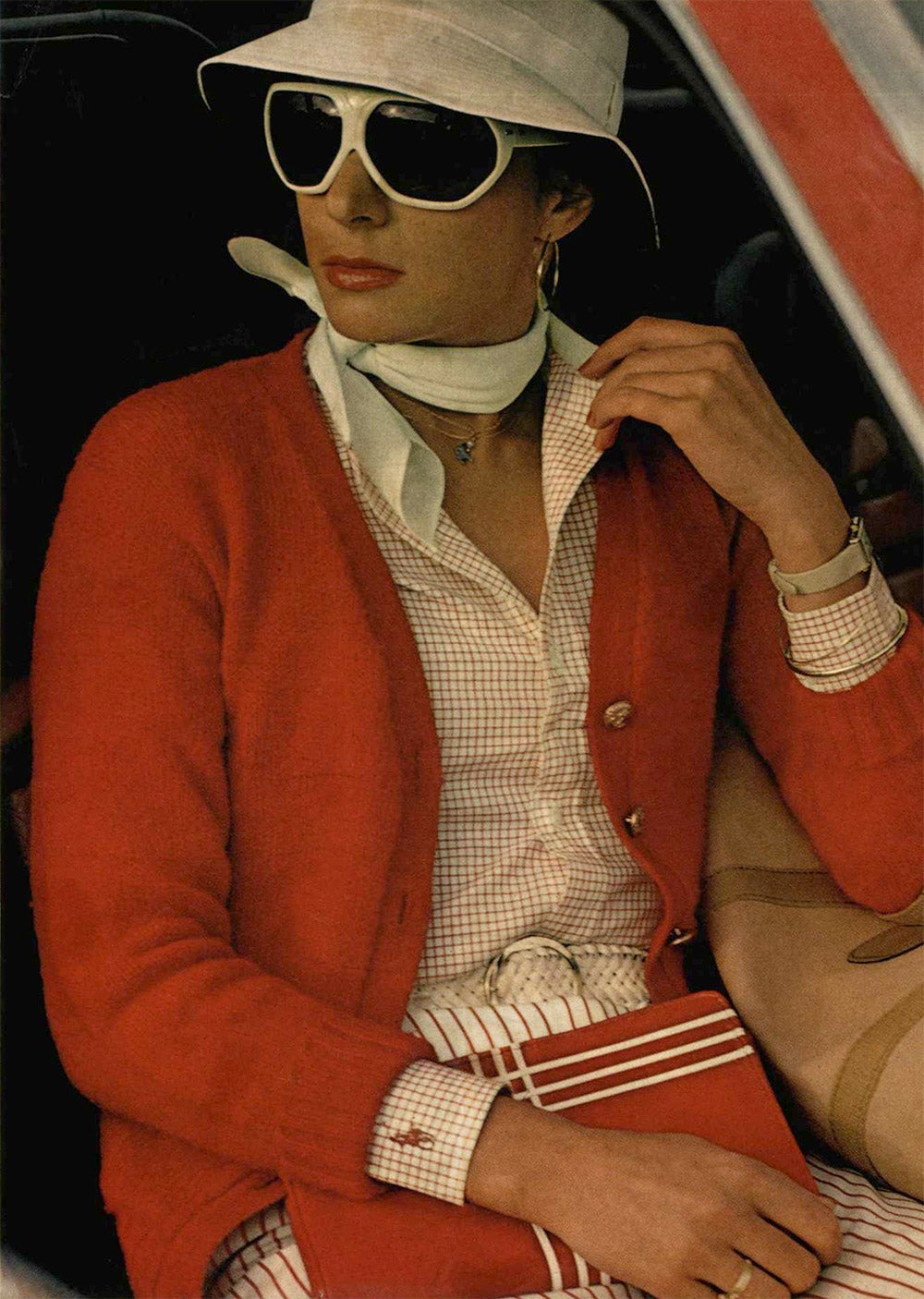 A women's shirt from Polo Ralph Lauren, with the original embroidered cuff, from a 1973 <em>Harper's Bazaar</em> editorial