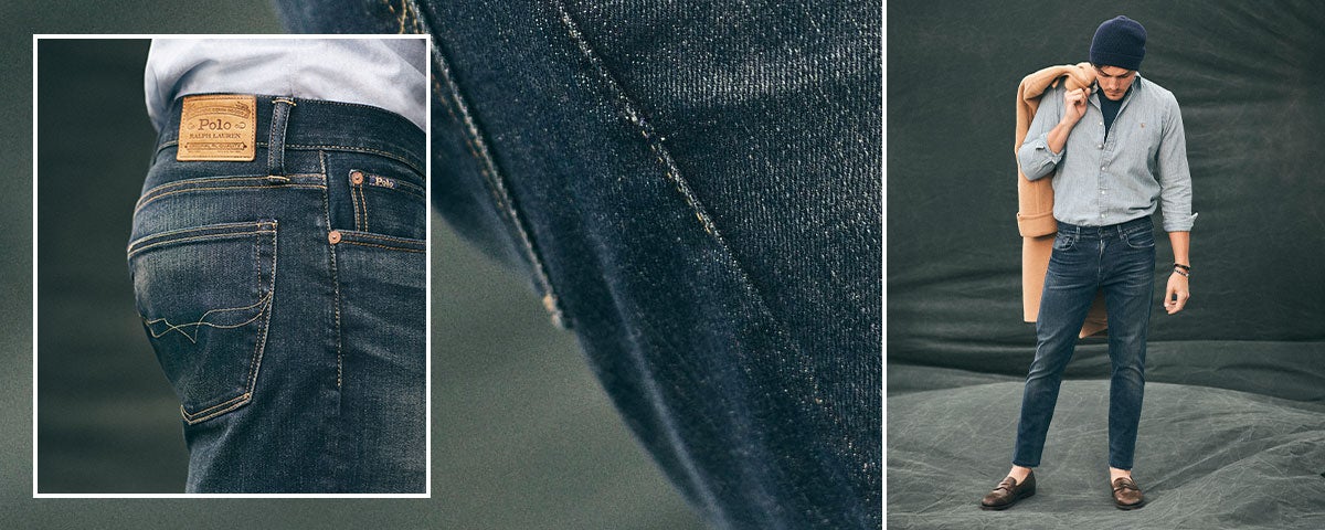 Close-up of Polo jeans; man wears Polo denim and button-down shirt.