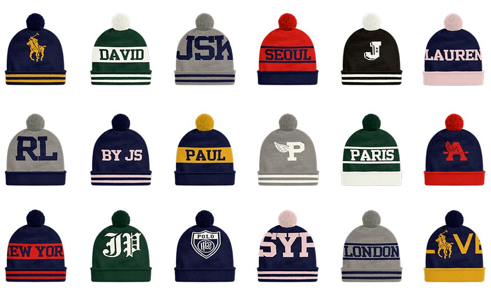 Grid of knit hats in various hues & with custom graphics
