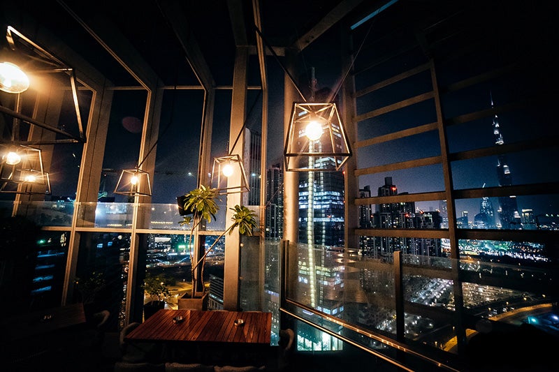 The nighttime view from Iris offers perfect vistas of the Dubai skyline