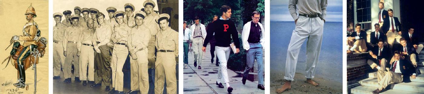 (Left to right) British troops in India started wearing khaki in the 19th century; US Coast Guardsmen in 1940s; Princeton students captured in Teruyoshi Hayashida’s influential 1965 photo book, <em>Take Ivy</em>; an image from the Spring 1991 Polo Ralph Lauren campaign; khaki-clad Brendan Fraser, Ben Affleck, Matt Damon, and others in the 1992 film <em>School Ties</em>