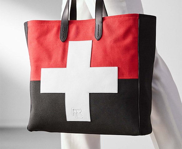 Black & red tote with large white cross graphic at front