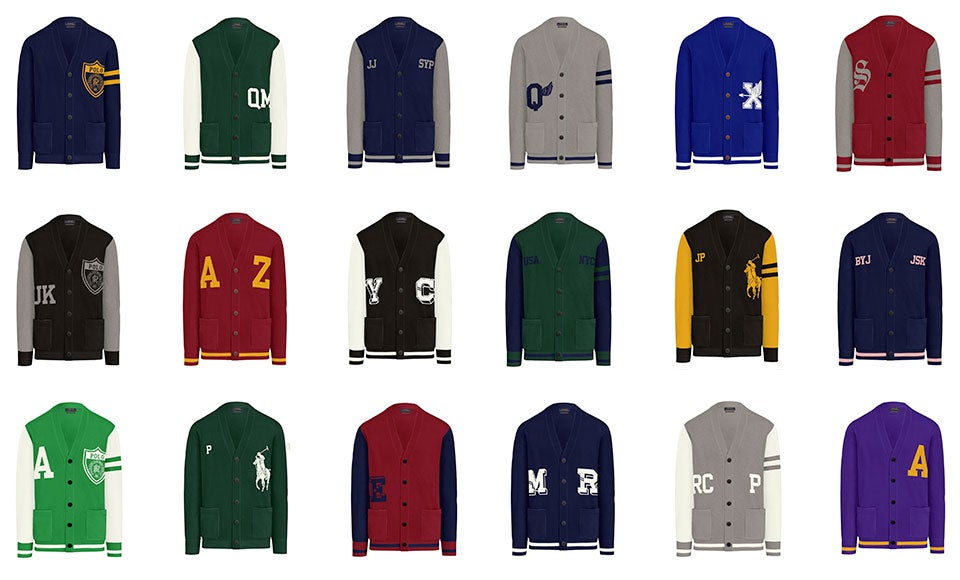 Grid of cardigans in various hues & with custom graphics