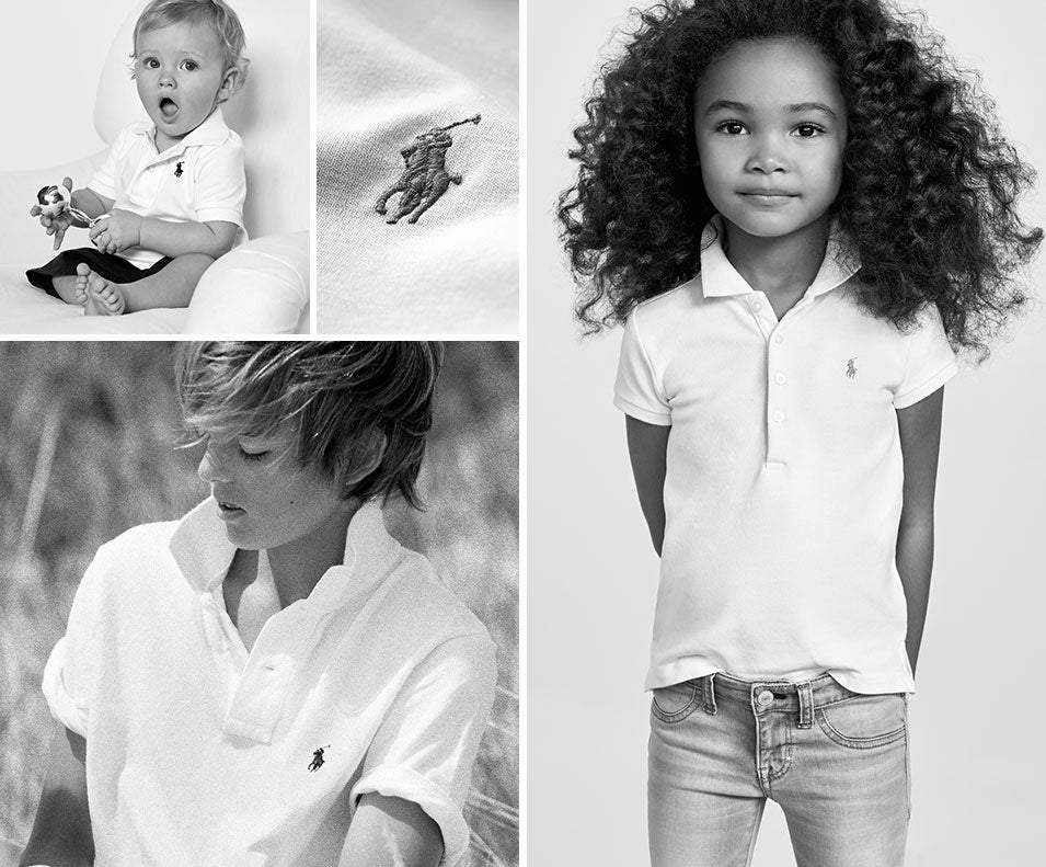 Greyscale collage of kids and baby in customized Polo shirts