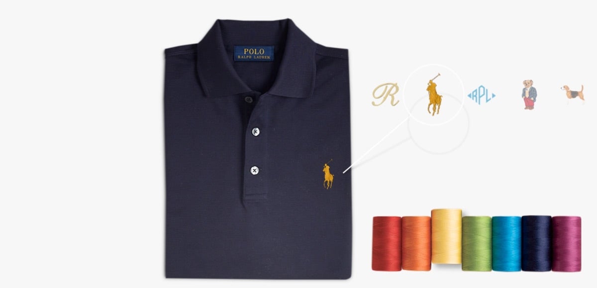Animated navy Polo shirt & different embroidery options at left chest