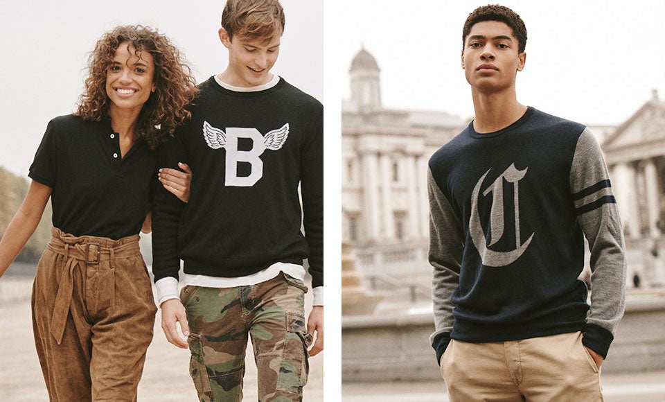 Woman linking arms with man in custom sweater; man in custom crewneck