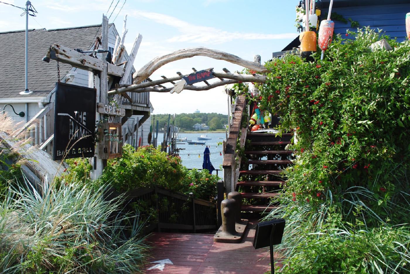 Pier 77 Restaurant / The Ramp Bar & Grill offers sweeping views of Cape Porpoise Harbor, both from its upstairs dining room and the waterfront patio below