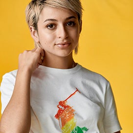 Josie Totah in white tee with large rainbow Polo Pony graphic