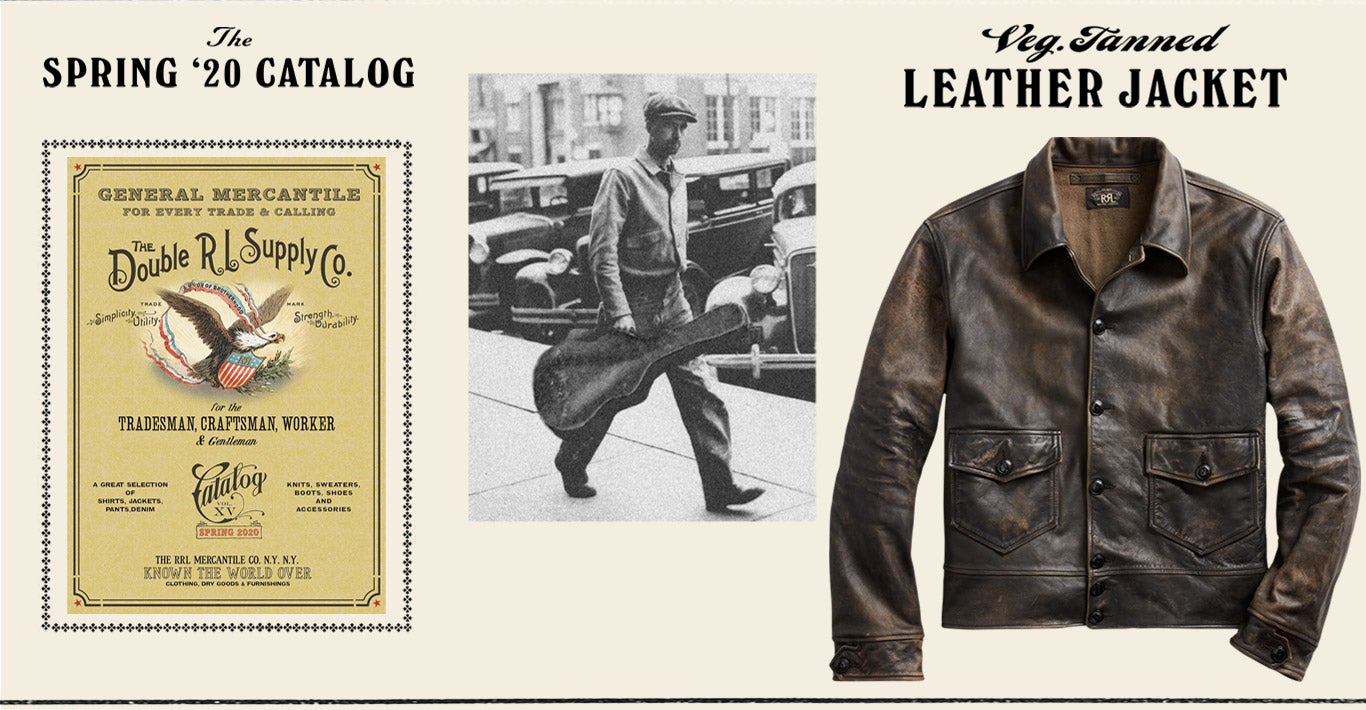 Double RL poster, man carrying guitar case & tanned leather jacket