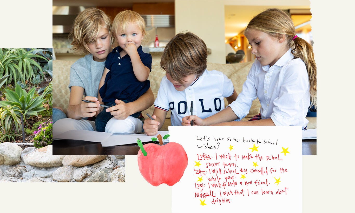 Smith family kids do homework while wearing Polo outfits.