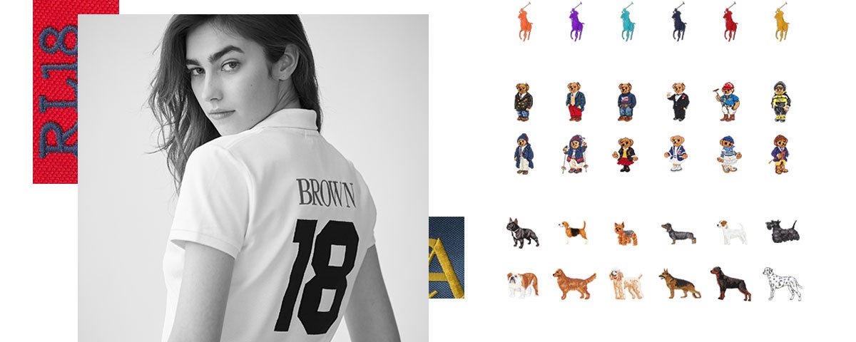 Model in customized white Polo shirt & various personalization options