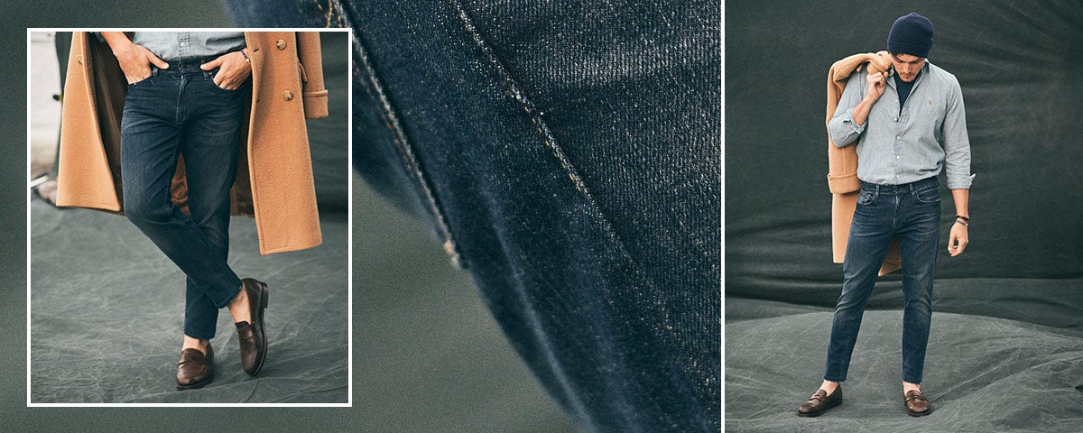 Close-up of Eldridge Skinny jean; man wears Polo denim.